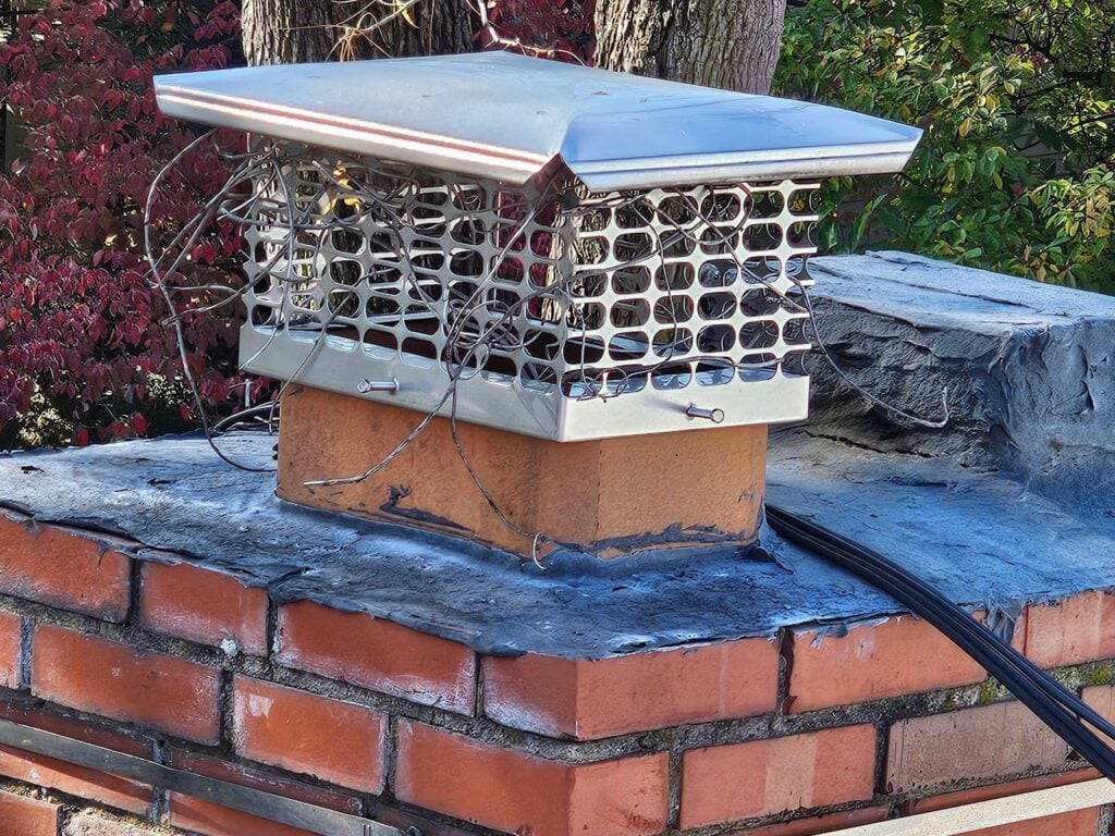 Close-up of uncovered rooftop chimney flues in Washington, DC